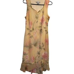 VTG Dressbarn Floral Print Midi Dress Yellow Pink Roses Ruffle Hem Sz 12 Fairy